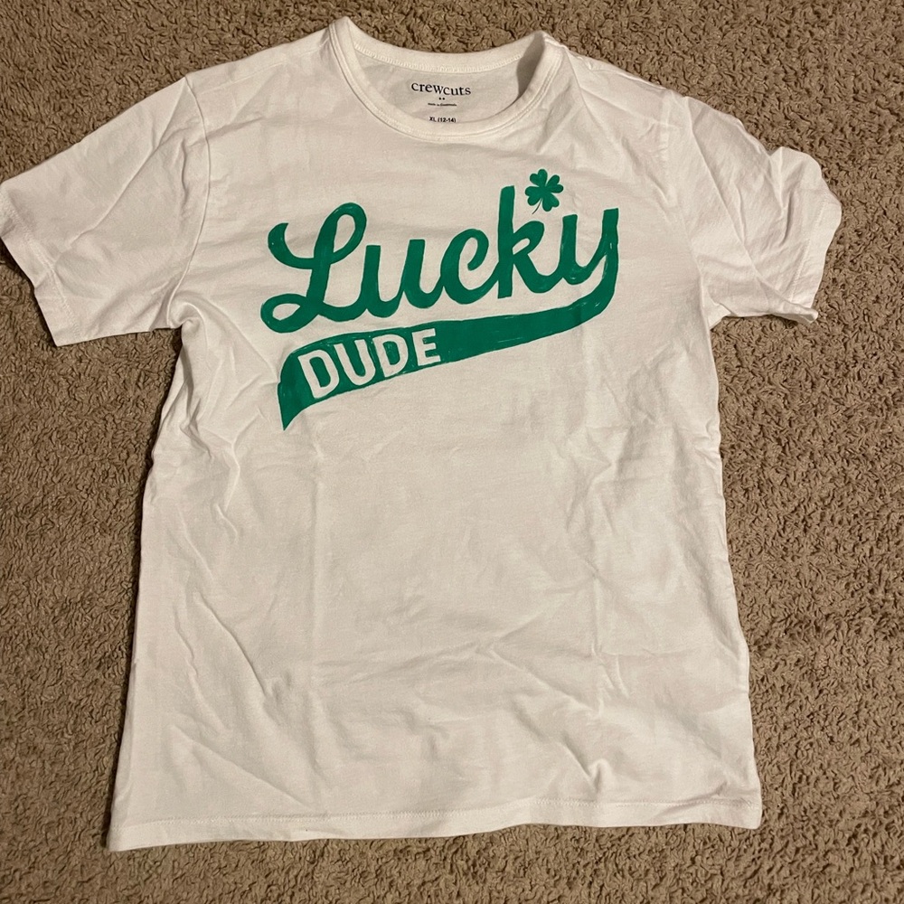 J Crew Crewcuts Lucky Dude White Cotton Tee with Green St Patty's Day Graphic